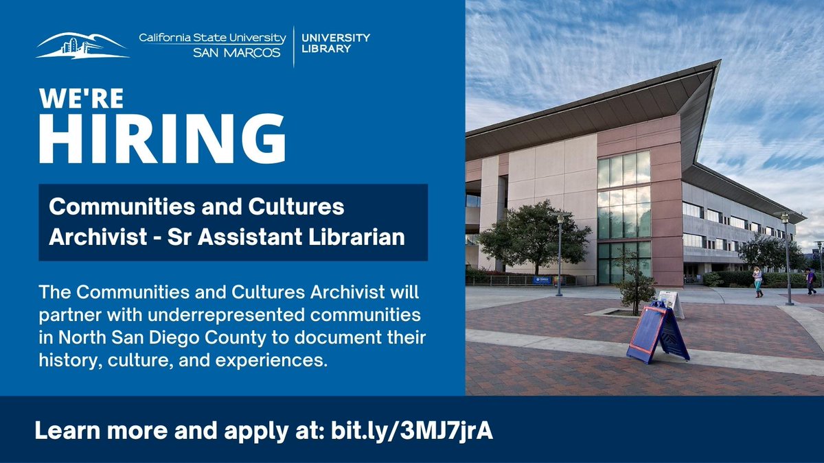 csusm_library's tweet image. The CSUSM University Library is hiring a Communities and Cultures Archivist - Sr Assistant Librarian to document the history, culture, and experiences of underrepresented communities in North San Diego County.

Learn more at bit.ly/3MJ7jrA

#communityarchives #critlib
