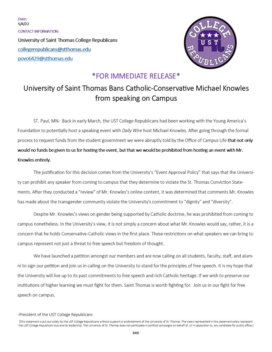 St. Thomas College Republicans tweet media