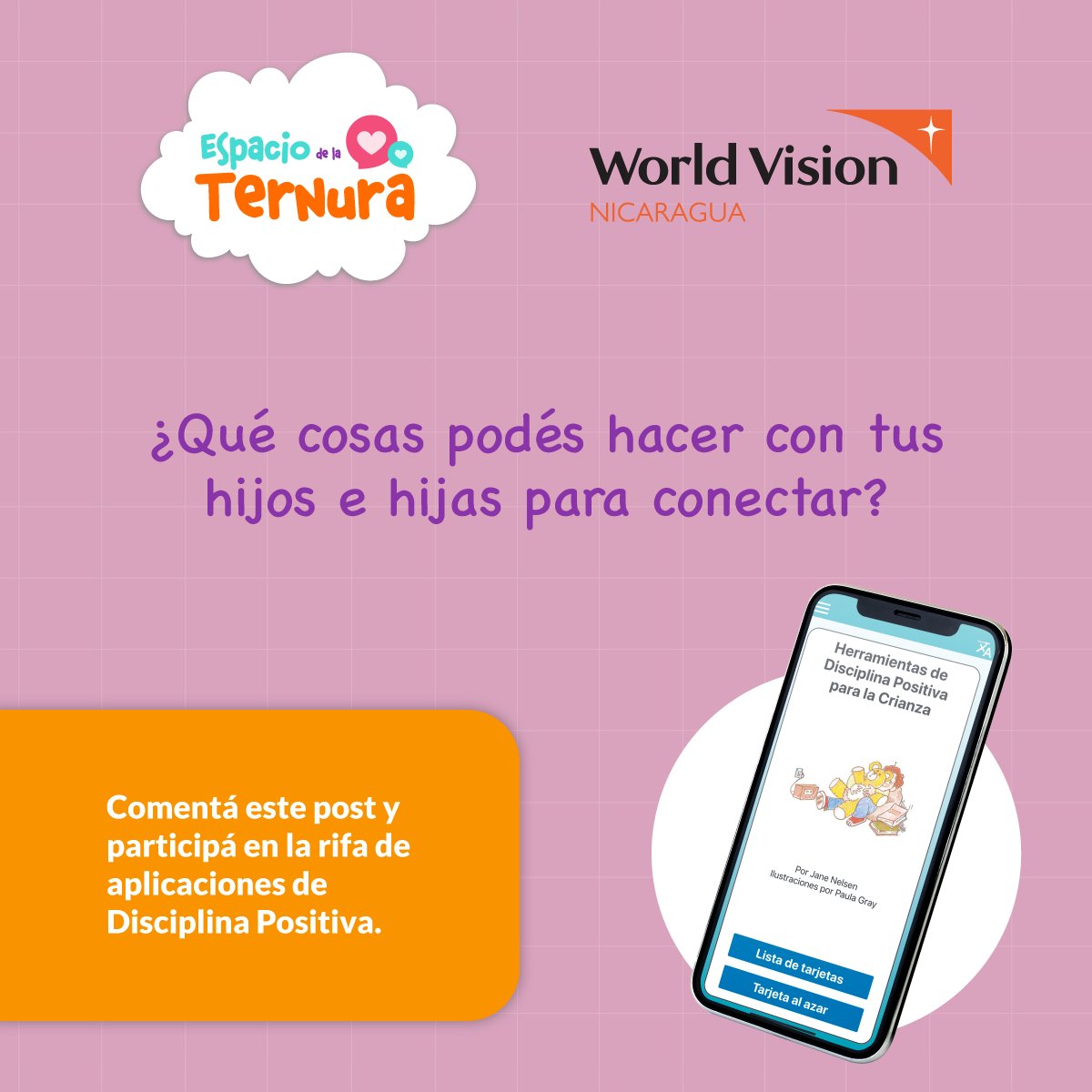 WorldVisionNic's tweet photo. ¡Tenemos un regalo para vos! 🎁 Respondé a esta pregunta de “Espacio de la Ternura” y participá en la rifa de una app de disciplina positiva. 📲

▶ Mirá el programa de esta semana: https://t.co/bduVuF0RhH
@VOSTV @Ciaomamma2 https://t.co/8AAhN1yVgg