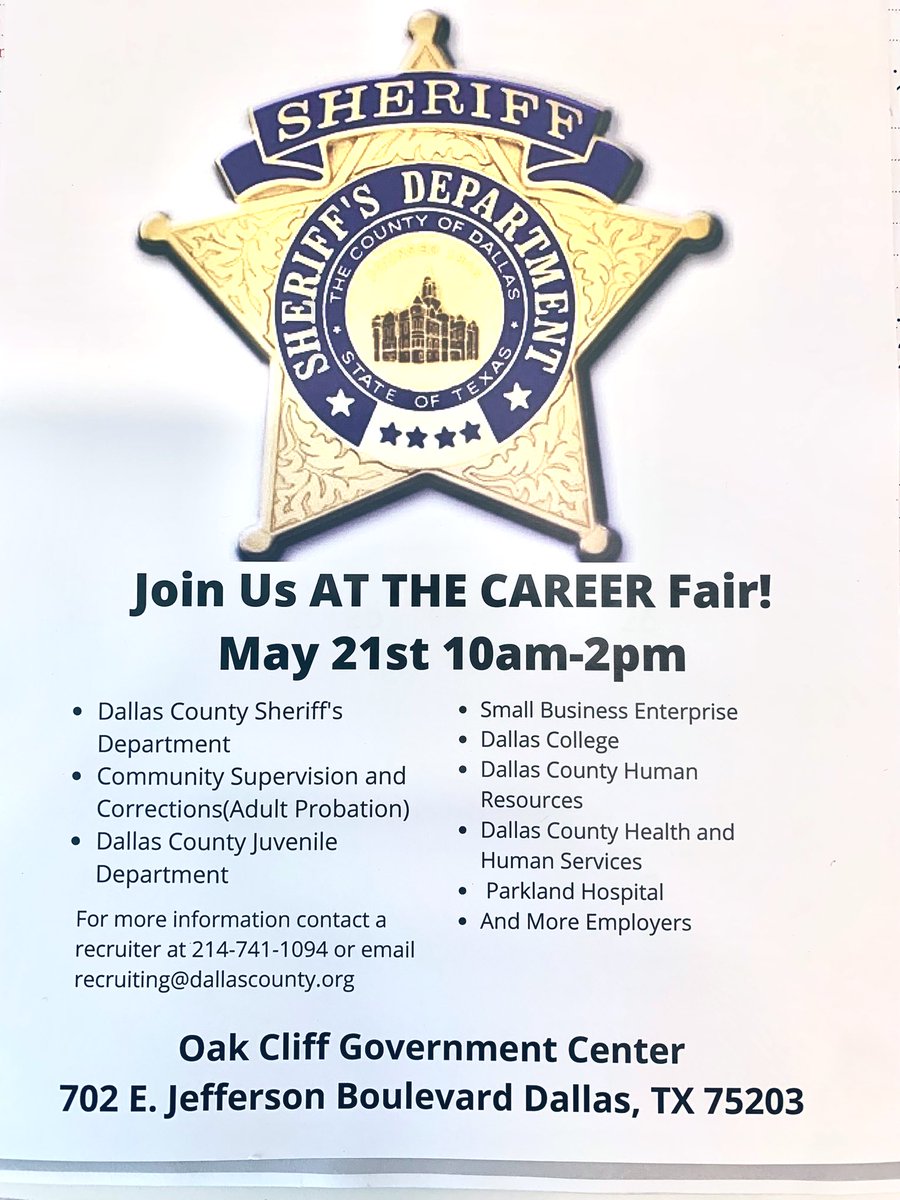 Good Morning everyone! Come join us May 21st 10am-2pm at the Dallas County Sheriff’s Department Career Fair!