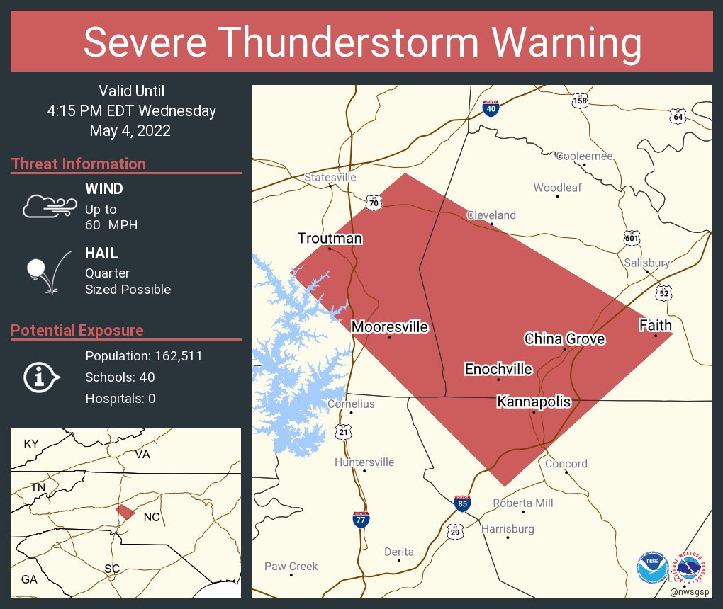 Severe Thunderstorm Warning including Kannapolis NC, Mooresville NC and  China Grove NC until 4:15 PM EDT