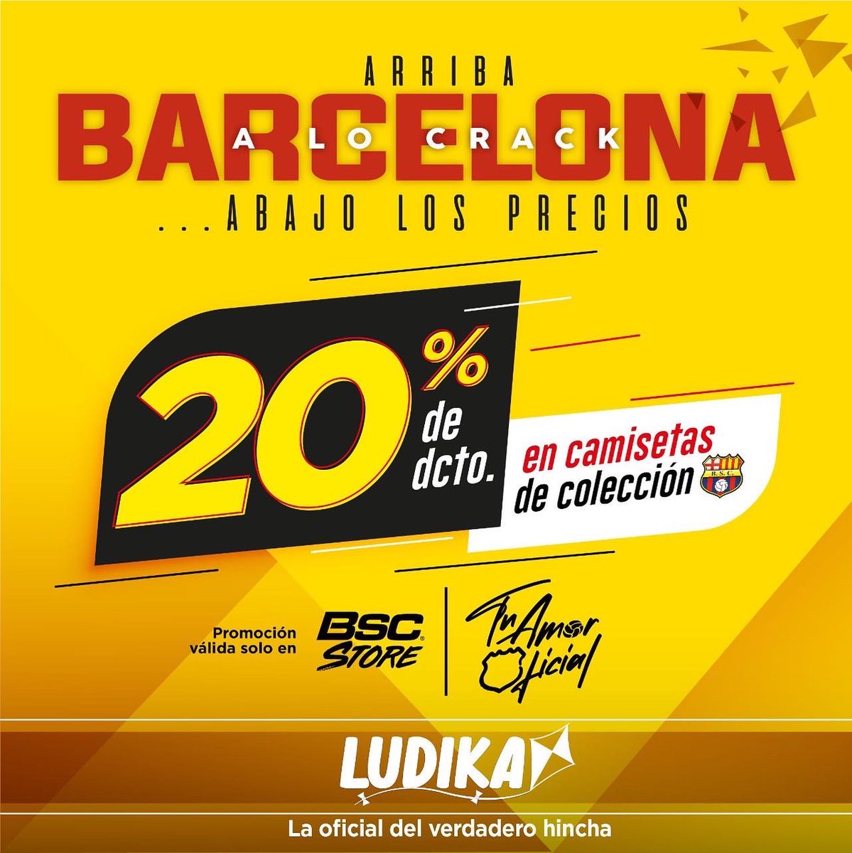 BSCSTOREoficial's tweet photo. 97 años es el tiempo perfecto para celebrar estrenando la indumentaria oficial de hincha.. ¡La de @LudikaStore! 💛

Adquiere las camisetas por el aniversario de #BSC con un 20% de descuento para @sociosbsc en nuestra tienda, ubicada en el Estadio Banco Pichincha, Lado Oeste 🛒🏟 https://t.co/6gYpGYNW6y
