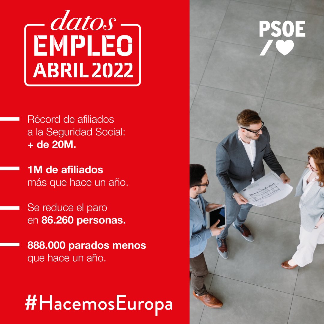PSOE's tweet photo. Los buenos datos del paro y de la seguridad social de abril demuestran que la política económica y laboral de este Gobierno funcionan. ✊🏽
 
Ante el catastrofismo de la derecha, nosotros respondemos con datos ⤵️ https://t.co/45o1cVbJQs