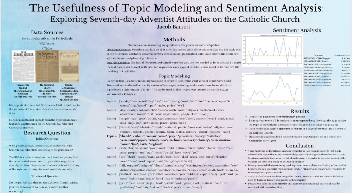 jakebarrett25's tweet photo. Stop by the #RELDigitalLab today from 12-1:30pm to chat about the work I did this semester with @jerielizabeth using Topic Modeling and Sentiment Analysis! I had such a fun time on this project, and am excited to share about it! Digital Humanities stuff is cool you guys! https://t.co/kBxClqs96u