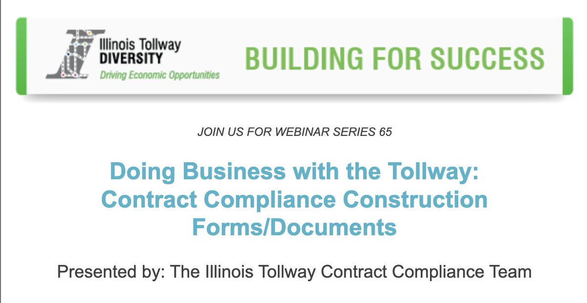 ihccbusiness's tweet image. 🚧SERIES 65: Doing Business with the Illinois Tollway🚧 
Contract Compliance Construction Forms/Documents
Monday, May 9, 2022
3 to 3:30 p.m.

Register: bit.ly/3KDUPA1

#tollway #business #contracts #Compliance