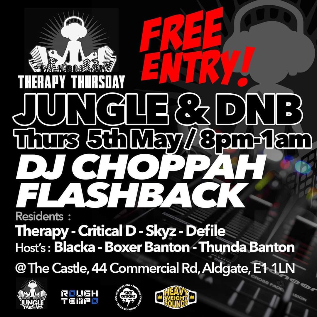 This Thursdays latest instalment 💯💯 Special guests Dj choppah and Ross Chapman alongside your residents 👊🏼👊🏼 Free entry all night 8-1am #therapythursday #jungle #e1 #london #freeparty #dnb #junglist