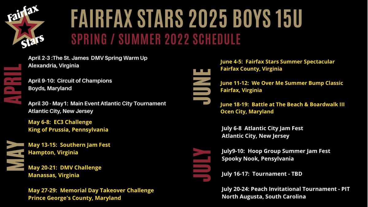 FFXStars2025's tweet photo. Our Spring & Summer schedule is out. This summer is going to be 🔥! #FairfaxStars2025Boys #2025Prospects #OneTeam #TeamWork #HardWorkPaysOff #LetsGo #RoadToChip @FairfaxStars https://t.co/3l8AjEXGts