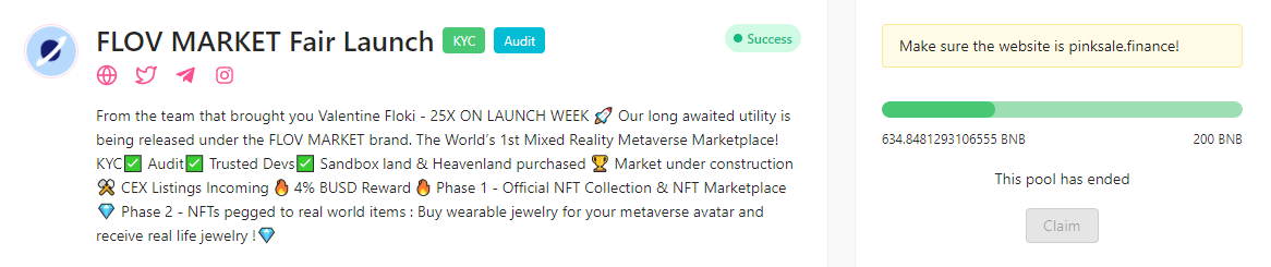 #PRESALE IS OFFICIALLY OVER ❤️

We had a 200 BNB Soft cap and officially closed at 634.8 BNB, HUGEEEEEE 🚀

You will be able to claim your tokens as soon as we finalize the pool and launch on PancakeSwap. 

Launch date : May 9th at 4:00pm UTC🚀

#bnb #FLOVM #LFG #Metaverse