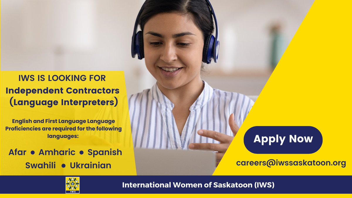SaskatoonIWS's tweet photo. Do you speak Ukrainian or other languages?  IWS is looking for Native Language Interpreters to work during the weekday and on a casual basis. If you are looking for a remote job that helps newcomers, please email your resume to careers@iwssaskatoon.org https://t.co/6LoauCivkU