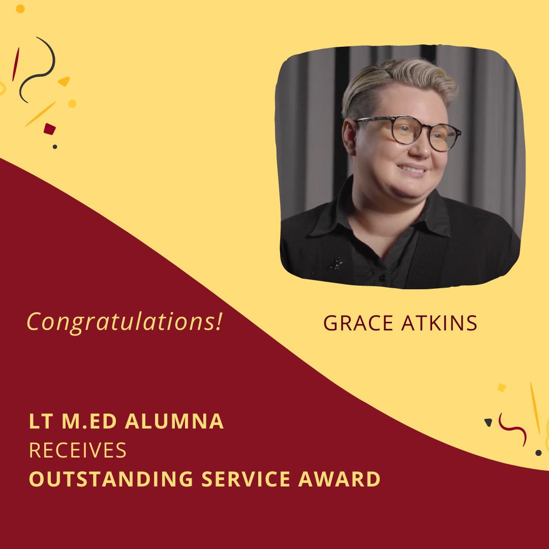 LT_UMN's tweet photo. 🎓Our recent LT M.Ed alum, Grace Atkins, has received an Outstanding Service Award (link below) from CLA for their work training 58 instructors in the First-Year Writing program to teach online.
✨Proud of you Grace! #LTproud #UMNproud #WeAreLT #LTalumni @UMN_CEHD @UMN_CI @UMNews https://t.co/uEMdNNfzRz