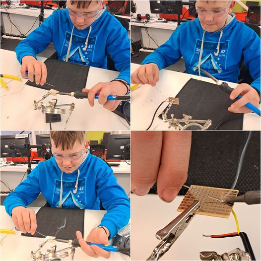CCCSuffolk's tweet photo. He didnt think he could do it, but he did and did it really well. He soldered a DS18B20 Temperature circuit for his Automated Herb Garden. #agritech https://t.co/8iCEhnhTsq