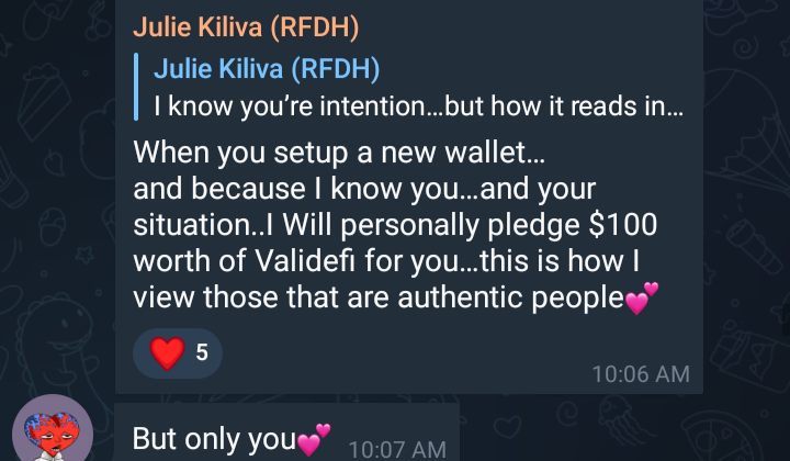UnclaimedChild's tweet photo. What makes @ValidefiNetwork great besides the utility, ongoing development, transparent devs and profit sharing?
Our community makes us great. A long time holder bought a fake presale and lost everything. 
This is VALIDEFAM love in the midst of a red market. https://t.co/e79ygnrtSR