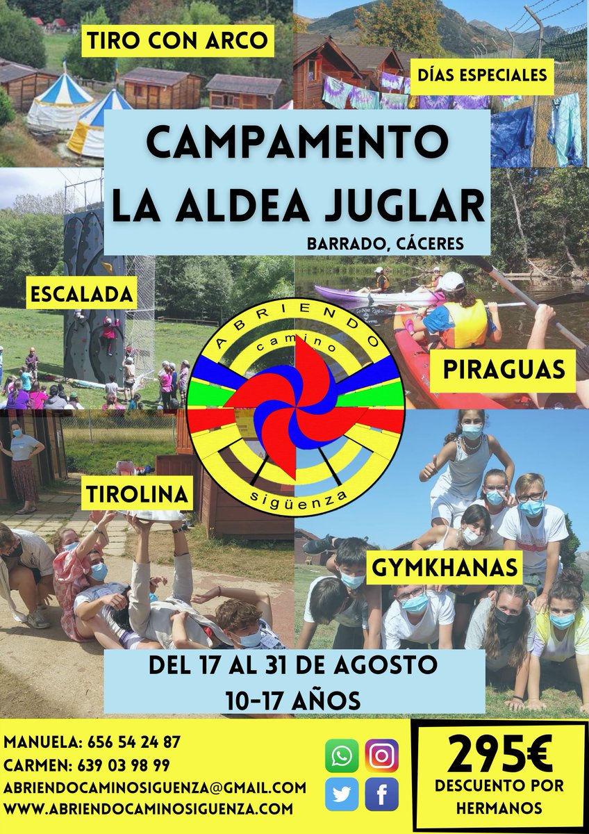 ACaminum's tweet photo. NOS VAMOS DE CAMPAMENTO!!! Este año el campamento de mayores será en La Aldea Juglar 🤹🏽‍♀️🤹🏼‍♂️, situado en Barrado, un pueblo muy chuli de Cáceres. Será del 17 al 31 de agosto.
Si tienes entre 10 y 17 años no te lo puedes perder 🙌🏽 Inscripciones online ya disponibles. Apúntate ‼️ https://t.co/MoVJgxj2z9