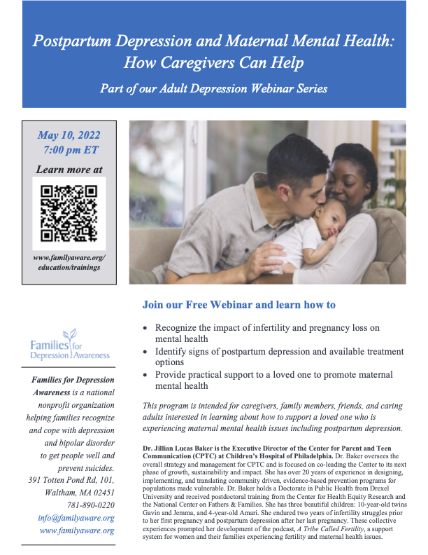 mwrcsp's tweet photo. Families for Depression Awareness presents a free webinar — Postpartum Depression and Maternal Mental Health: How Caregivers Can Help — on  Tues, May 10, 2022, from 7:00-8:30PM ET 

Register for the live webinar discussion or watch on demand after it airs https://t.co/fCFjGrGrt9 https://t.co/pZEwKjQV5x