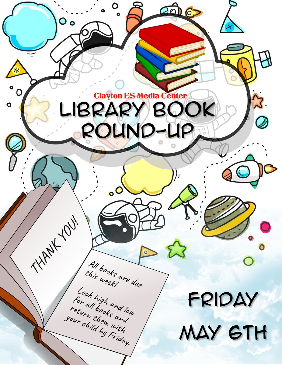 claytoncougars's tweet photo. Library books are due by Friday! #CCSDfam #CESfam #CougarNation https://t.co/Fni2A66eAy
