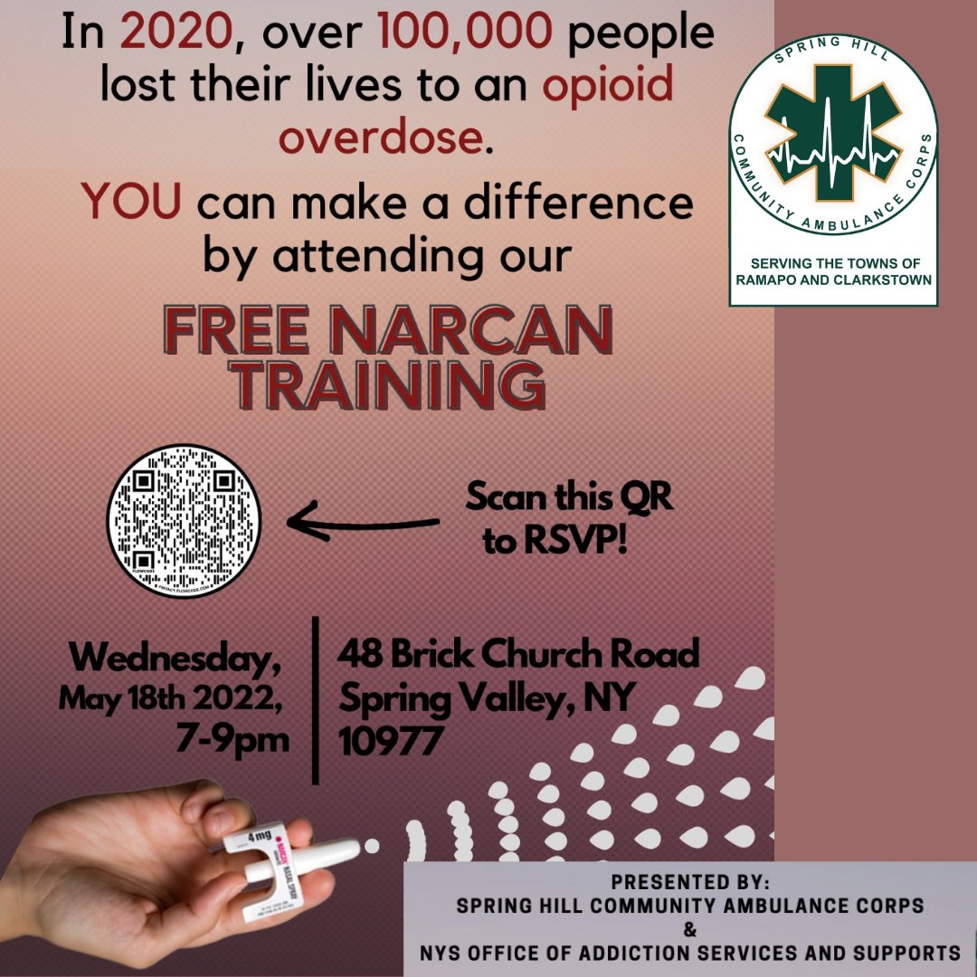 Learn how to recognize an opioid overdose and administer the opioid overdose reversal drug, Naloxone.
 
Attend this potentially life-saving training by scanning the QR code to RSVP. We'll see you there! ✅
 
#SpringHill #EMS #NarcanTraining #FreeTraining