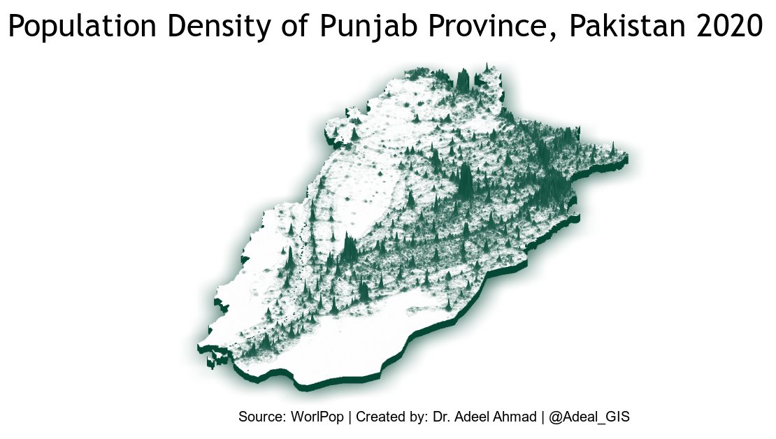 Adeal_GIS's tweet photo. My first attempt to make a 3D map in #R. The map is showing population density of Punjab Province, Pakistan for 2020.
Thanks to @antony_barja for sharing the source code 😊 https://t.co/r7VEDmtBn1