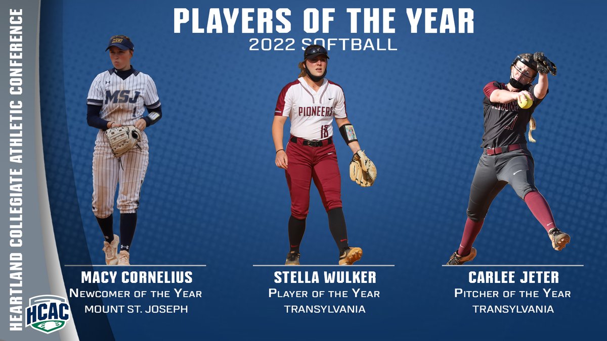 HCAC Softball | Athletes of the Year

Congrats to the 2022 HCAC Softball Athletes of the Year!
Player of the Year: Stella Wulker, <a href="/TransySports/">Transy Sports</a>
Pitcher of the Year: Carlee Jeter, Transy
Newcomer: Macy Cornelius, <a href="/MSJ_Athletics/">Mount St. Joseph University Athletics</a>

READ: bit.ly/3Fcy8C4

#TheHeartOfD3 #D3SB