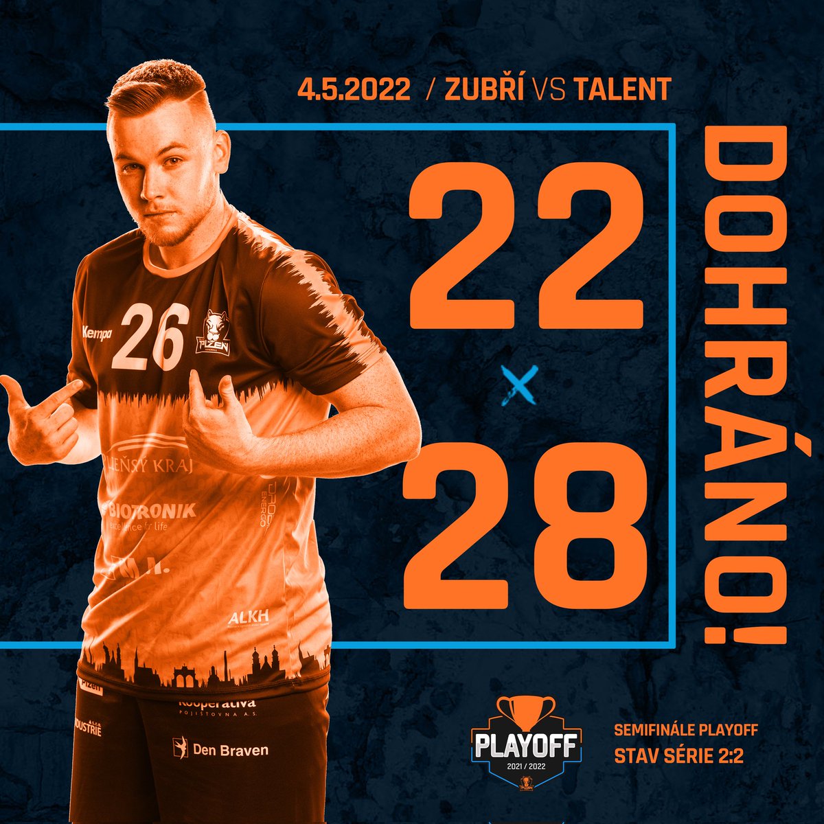 TalentPlzen's tweet photo. Srovnáváme na 2:2! 🔥 Vše se rozhodne v neděli v 19 hodin na domácí půdě v Plzni! Díky za podporu! 🧡💙 #plzenmatalent #repeat3peat #jdemsiprodouble https://t.co/9tq8oyn6FX