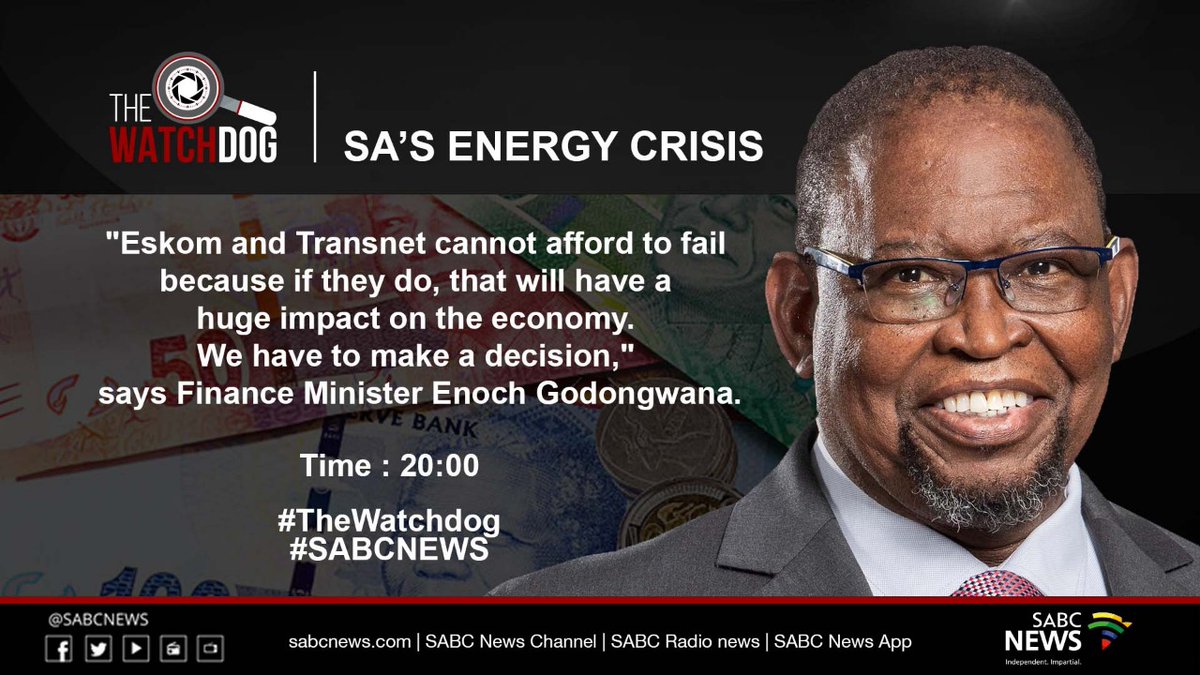 SABCNews's tweet image. #TheWatchdog is in conversation with Finance Minister Enoch Godongwana, on issues including Eskom and South Africa's debt. The pre-recorded interview airs tonight at 20:00 CAT. #SABCNews