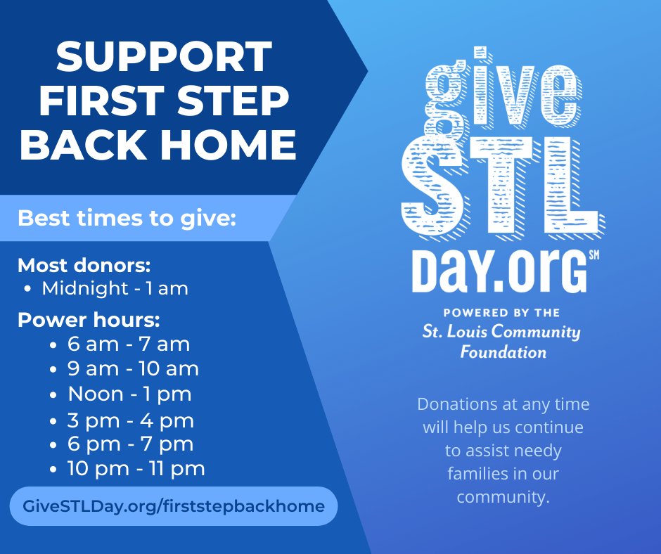 #GiveSTLDay is tomorrow, May 6! Help us reach our goal of $70,000. <a href="/StLouisGives/">St. Louis Community Foundation</a> has incentives throughout the day to encourage donations. We have won the midnight-1 am time the last 5 years. Let's make it 6! Donations accepted any time givestlday.org/firststepbackh…