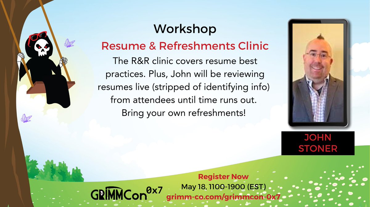 grimmcyber's tweet photo. Level up with @1MrStoner's "Resumes and Refreshments Clinic" at #GRIMMCon 0x7 on May 18! 

Register: https://t.co/IMJhkC7g9j 
Shop: https://t.co/vYSP4OdCM8 
Merch proceeds: @BlackGirlsCode
Partner: @ShareInCyber https://t.co/hacMCQikyn
