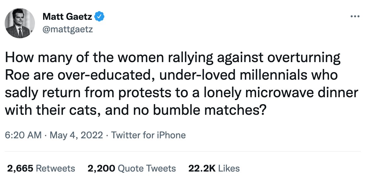 RepresentPledge's tweet photo. "Over-educated" is an absolute confession. A woman with knowledge of her own terrifies misogynists like Matt Gaetz. https://t.co/Jrpayqav1l