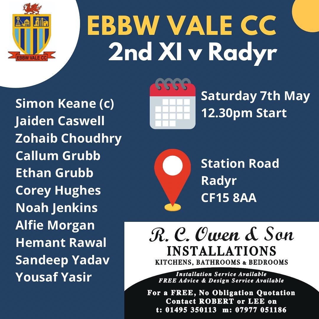 1st XI host <a href="/RogerstoneWCC/">Rogerstone Welfare CC</a> &amp; 2nd XI make the trip to <a href="/RadyrCC/">Radyr Cricket Club</a> this Saturday, both teams looking to continue their unbeaten start to the league season 🙌🏻

Massive thanks to R C Owen &amp; Sons Installations who are this week’s match sponsor!

Go well all #EVCC 🏏