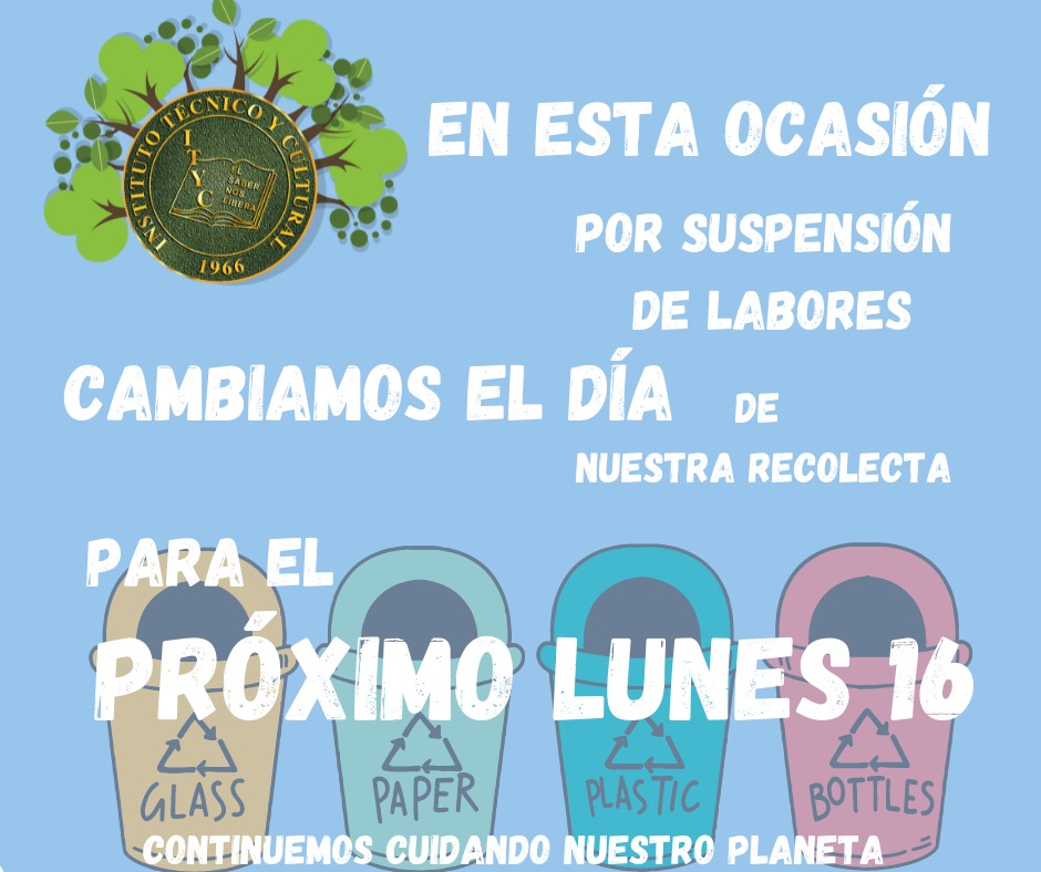 ityc_oficial's tweet photo. AVISO IMPORTANTE
Debido a la suspensión de labores en Jardín de Niños, Primaria y Secundaria, se cambia el día de la recolecta.

#EscuelaPromesa #seComunITYC #PrimariaITYC #SecundariaITYC #PreparatoriaITYC https://t.co/12Ef5zWREj