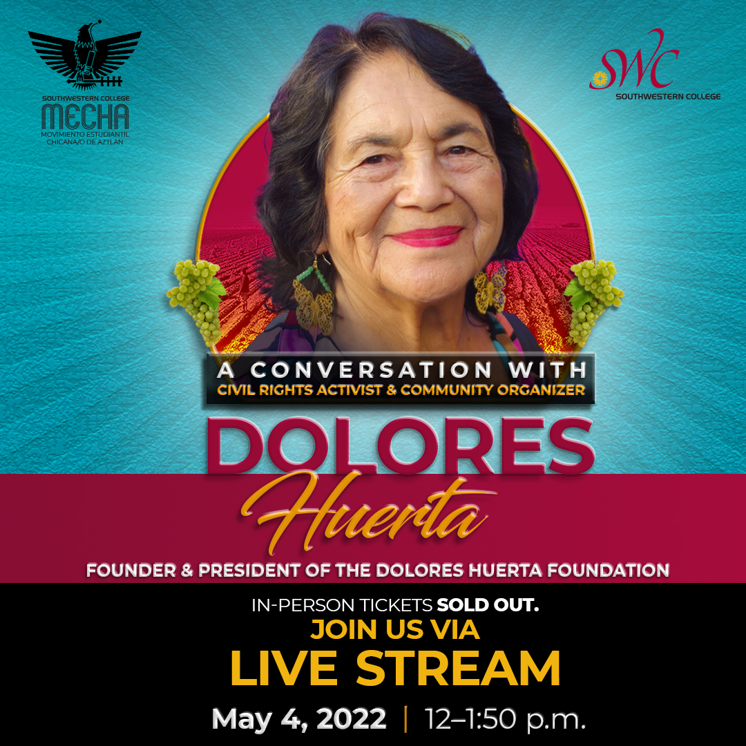 Join us as we welcome legendary civil rights activist Dolores Huerta to Southwestern College. The live stream begins at noon. 

Watch live at youtube.com/watch?v=PmFd0t…
