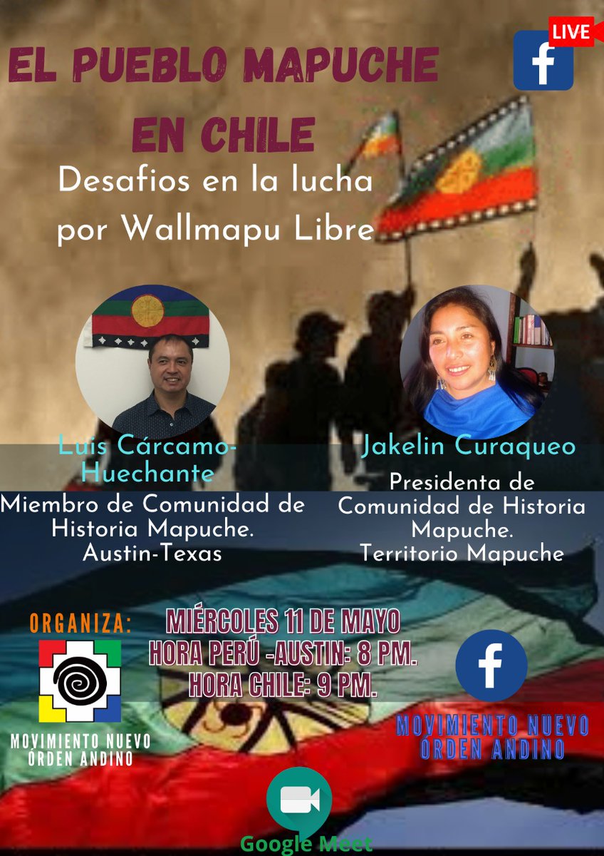 CHMapuche's tweet photo. Küpaley zugü 👁
Conversatorio: El Pueblo Mapuche en Chile. Desafíos en la lucha por Wallmapu libre

Presentarán:
Jakelin Curaqueo, presidenta de CHM
Luis Cárcamo-Huechante, miembro de CHM

Miércoles 11 de mayo desde las 21 horas (horario Ngulumapu) y 20 horas en Perú &amp; Austin/TX. https://t.co/uiZIp0keOc