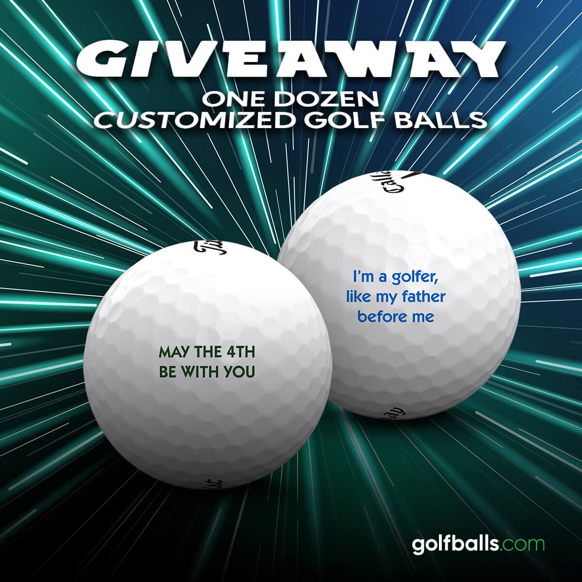 GolfballsDotCom's tweet photo. Happy Star Wars Day! Enter now for a chance to win a free dozen customized golf balls!  To enter you must be following @GolfballsDotCom, like and retweet this post. Contest will run through Tuesday 5/10 at 12pm CST, open to U.S. residents only. Winner will be DM'd once chosen! https://t.co/eZE4inpl9u