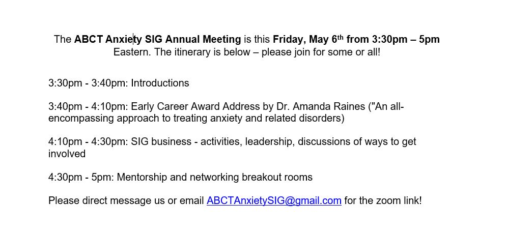 ABCT Anxiety SIG (@abctanxietysig) on Twitter photo The annual meeting of the ABCT Anxiety Special Interest Group is this Friday May 6th. Details are below -- please join us!
<a href="/ABCTNOW/">Association for Behavioral and Cognitive Therapies</a> The annual meeting of the ABCT Anxiety Special Interest Group is this Friday May 6th. Details are below -- please join us!
<a href="/ABCTNOW/">Association for Behavioral and Cognitive Therapies</a>