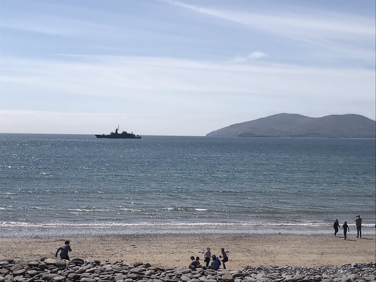 The Irish Navy’s James Joyce stopped in to Ballinskelligs Bay earlier today, honking a “hello” to the Waterville kids on the beach! 
(They mysteriously knew the ship was coming! 😂) #LetWatervilleBlowYouAway #TodayInIreland 
Nikon photos coming.... #Ireland