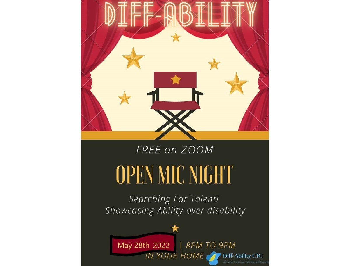 DiffAbilityCIC's tweet photo. Open Mic night

Fee on Zoom

Sat 28th May 2022

8pm-9pm GMT (UK Time)

Book your place here:
https://t.co/9jToD8MXru https://t.co/lBNtdH509D