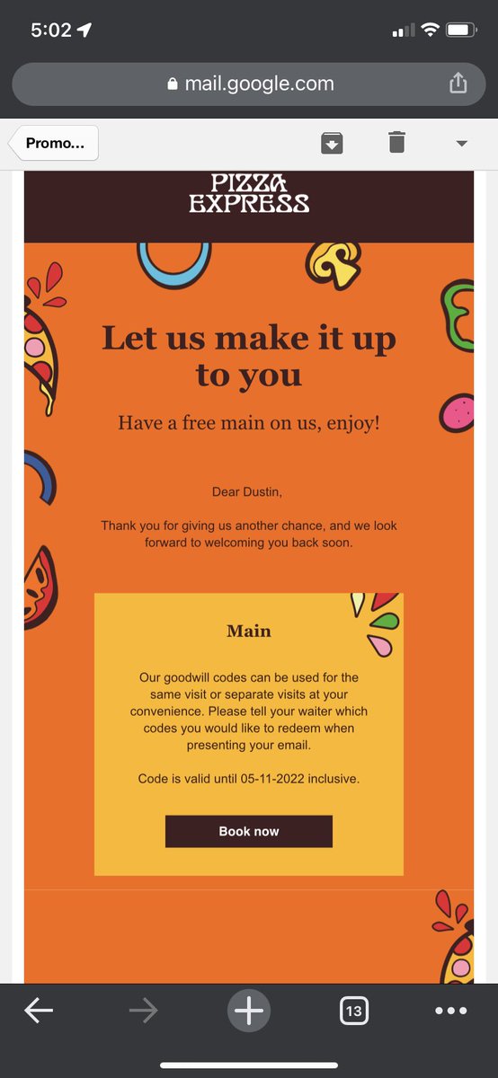 andyjacko1's tweet photo. @PizzaExpress Hello. Received this from customer care after speaking to them earlier (attached) but there’s no redemption code anywhere on the email. Emailed back but no response. How do I redeem? Thanks https://t.co/ESYNcNFPZ7