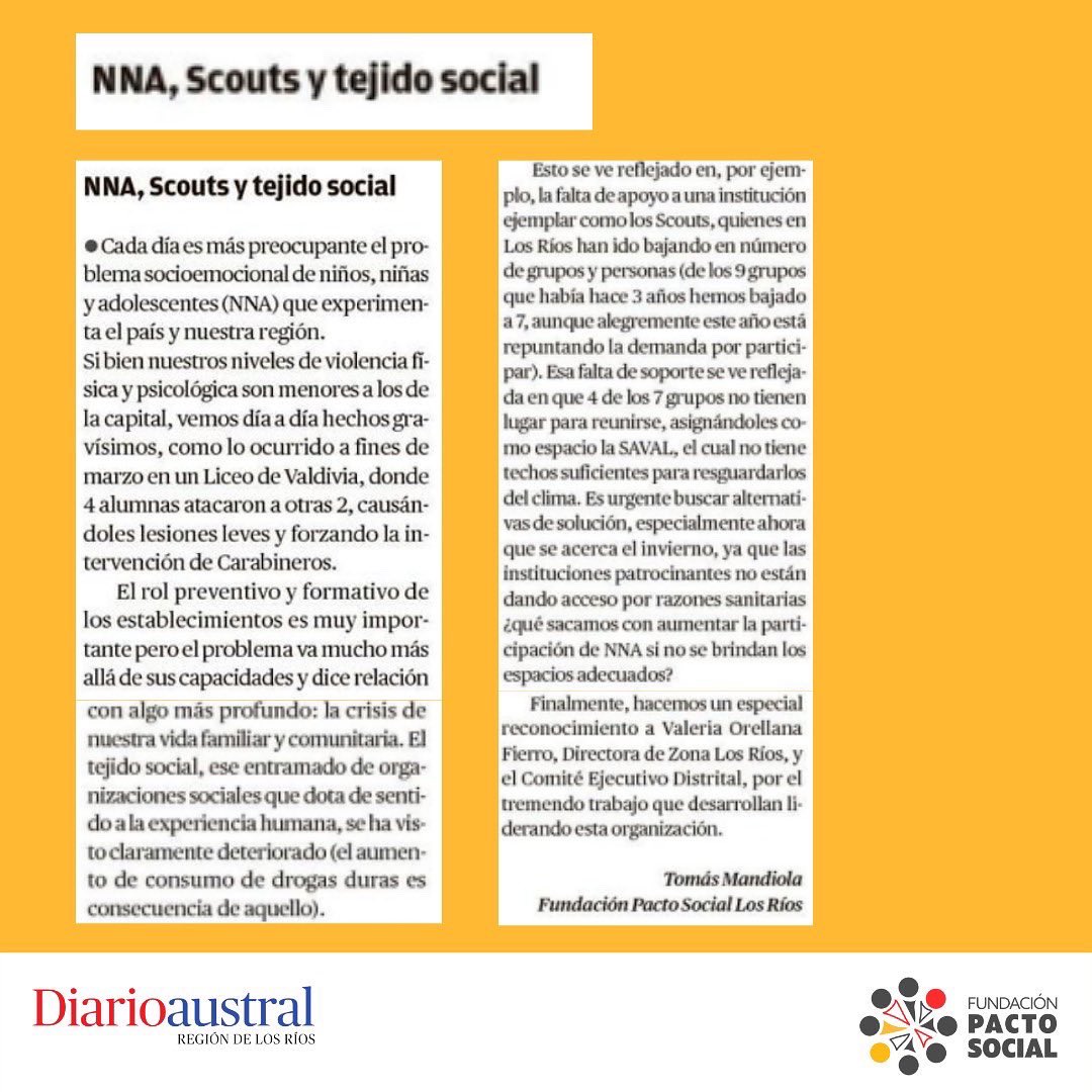 Hoy sobre el rol d la soc civil en la vida comunitaria y lo importante q es en atención a preocupantes indicadores sociales y afectivos d NNA. Y en ese sentido, hacemos especial mención al extraordinario trabajo d los Scouts en la región.
#PactoSocial #Scouts #Comunidad #LosRios