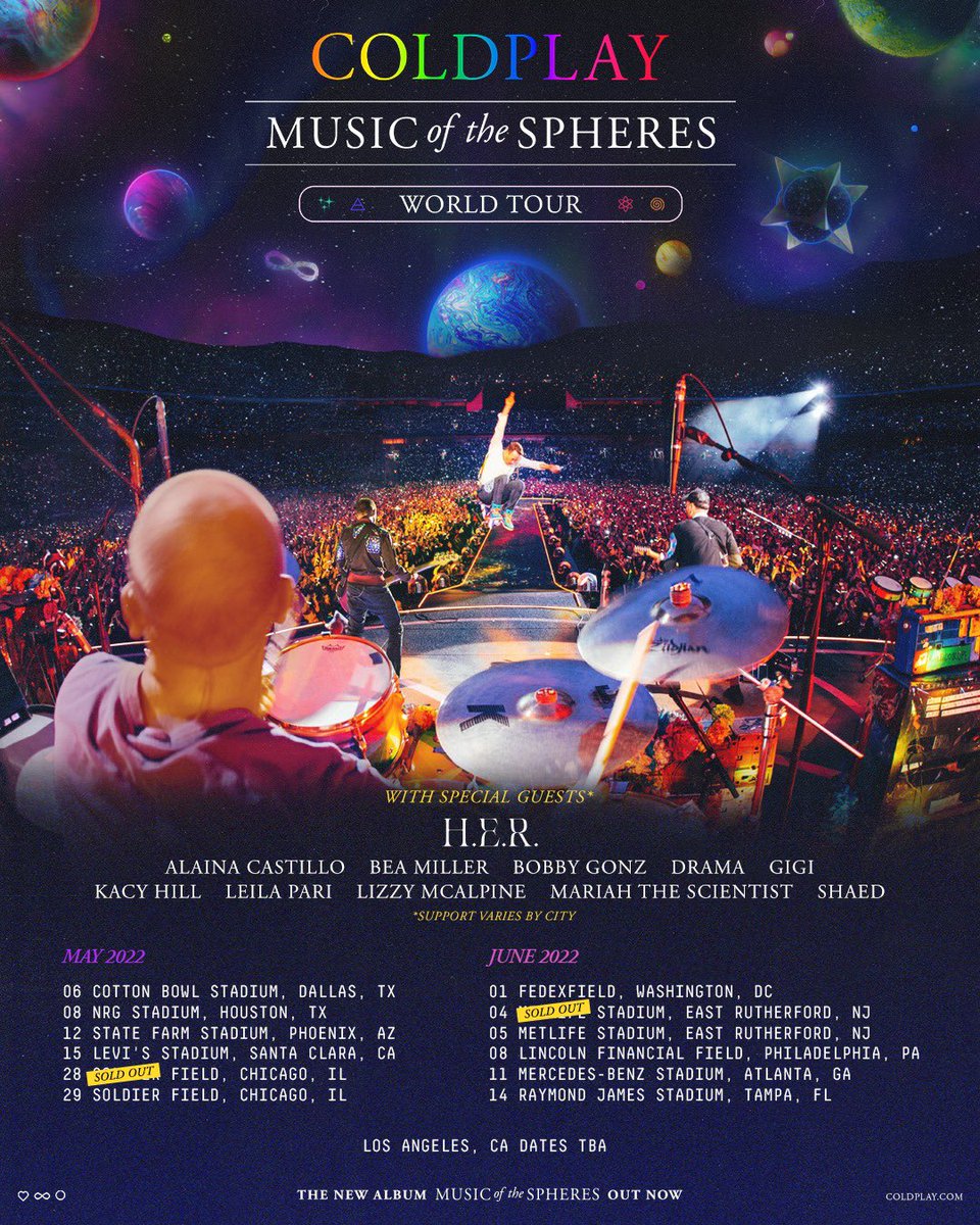 Just two days until #MusicOfTheSpheresWorldTour lands in 🇺🇸! 

Dallas, TX • Houston, TX • Phoenix, AZ • Santa Clara, CA • Chicago, IL • Washington, DC • East Rutherford, NJ • Philadelphia, PA • Atlanta, GA • Tampa, FL

Dates / final tickets at coldplay.com/tour/