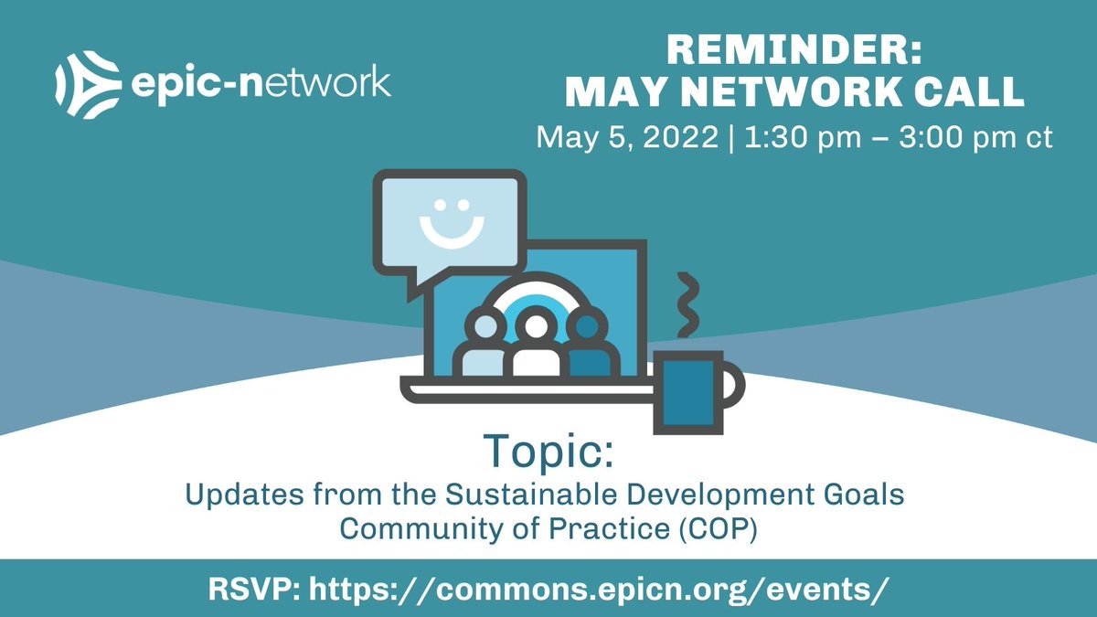 EPICNtweet's tweet photo. Don’t forget to RSVP for the May EPIC-Network Call on May 5, 2022, from 1:30–3pm CT, featuring Ilona Ballreich from @penn_state and James McClain from the University of Liberia.

RSVP: https://t.co/GVkdyZkLau

#epicnetwork #epicn #networkcall #sdgs #cop #communityofpractice https://t.co/dSqPxZXdei