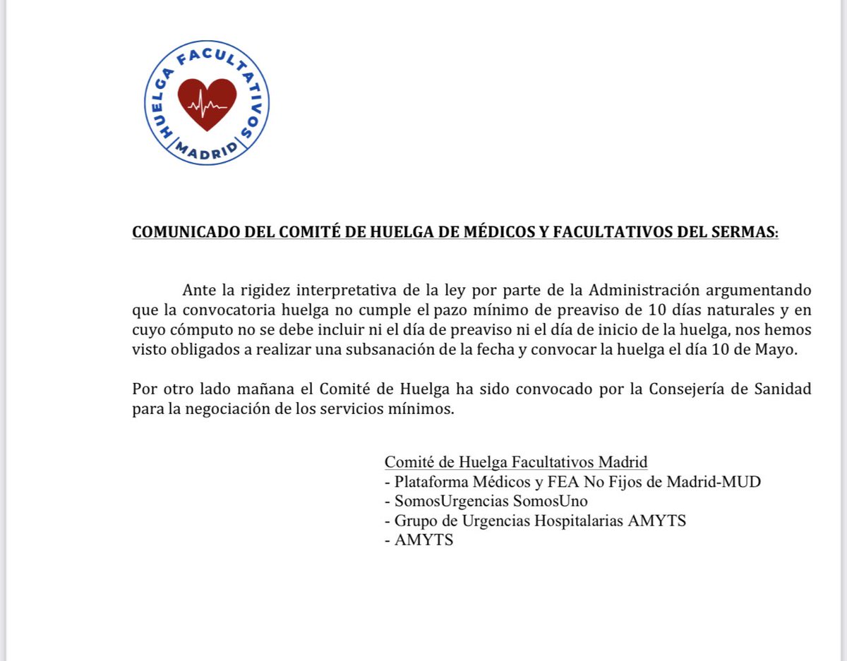 Los médicos y facultativos de los hospitales madrileños nos vamos a la huelga indefinida el 10 de mayo de 2022.