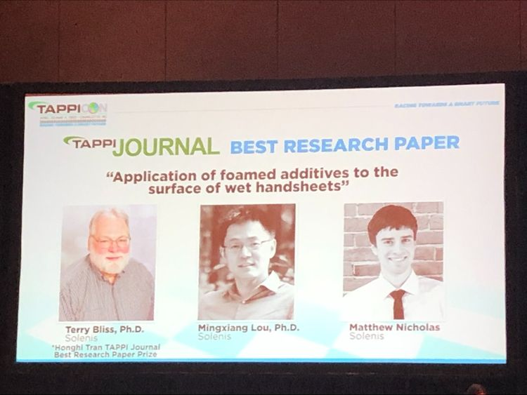 PSEFoundation's tweet photo. At the Awards Breakfast at TappiCon, Terry Bliss (‘76) was recognized along with 2 Solenis colleagues for the Best Research Paper in TAPPI Journal, titled “Application of Foamed Additives to the Surface of Wet Handsheets”. The Paper family at Miami Univ. congratulates you, Terry! https://t.co/mxy678IIHY