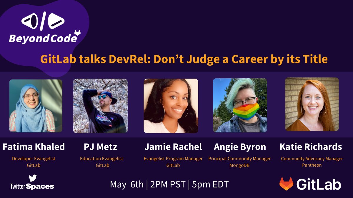 gitlab's tweet photo. On Friday, our #DevOps Evangelism team (@sugaroverflow, @MetzinAround &amp; @ItsMissMie) brings their #BeyondCode series to @TwitterSpaces with guests @webchick and @KJRichards to chat about #DevRel career titles &amp; much more.

🗓️ Set a reminder to join! https://t.co/BCTVsP0Zel https://t.co/B7foZimDEa