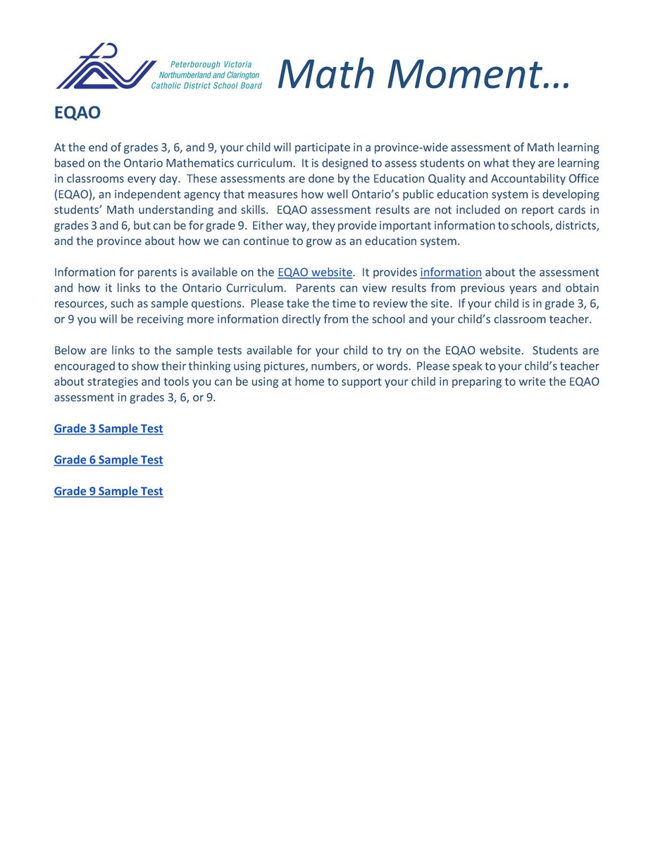 StPaulsPVNC's tweet image. The May Math Moment looks at EQAO and includes an overview and information for families. There are links to practice questions and resources for parents. #mathmoment