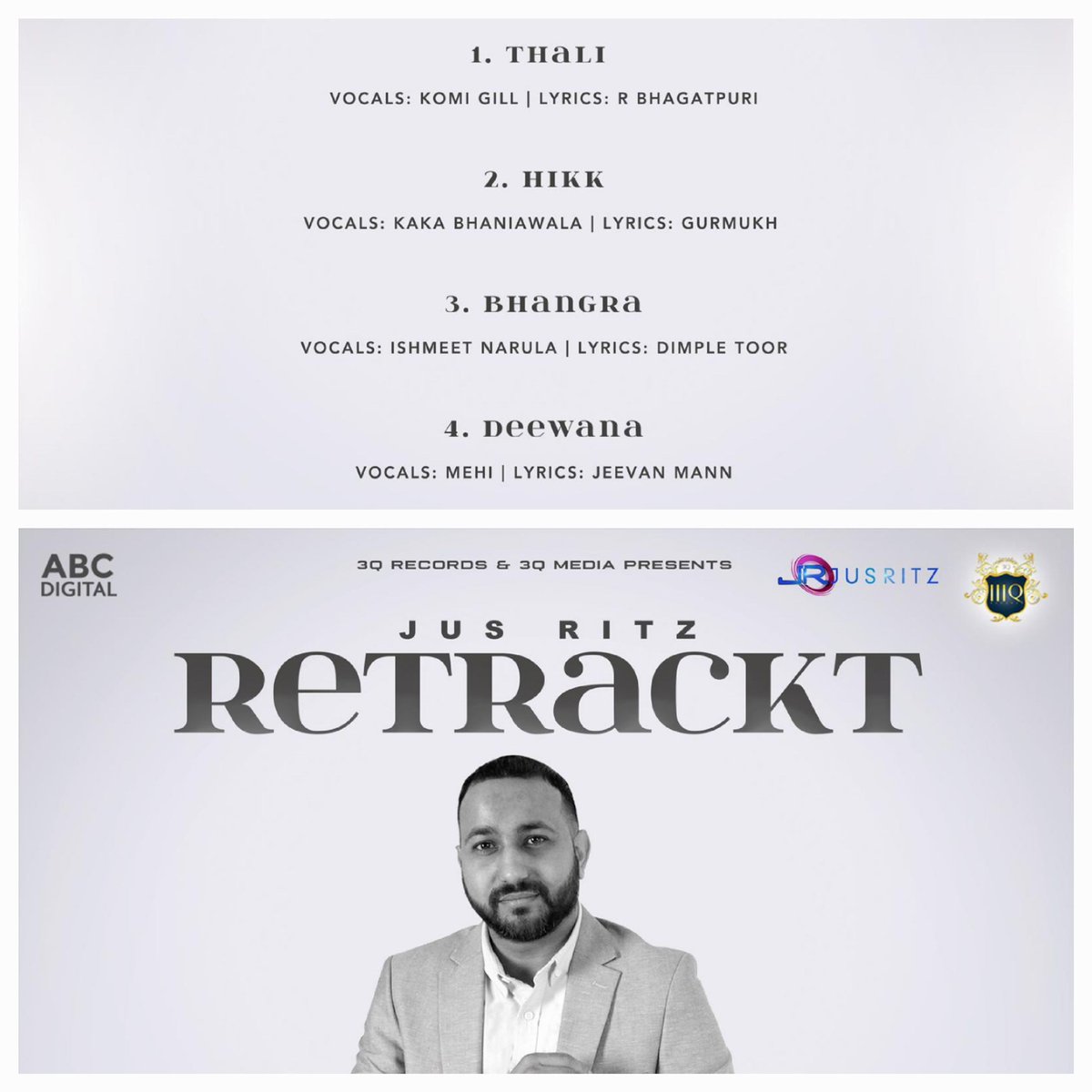 Simply_Bhangra's tweet photo. *#Retrackt EP by @JusRitz Out 12/05/22*
@3QRecords @Official3QMedia
Tracklisting:
1. #Thali Feat. #komigill
2. #Hikk Feat. The Late Kaka Bhaniawala
3. #Bhangra Feat. @Ishmeetnarula
4. #Deewana Feat. @MehiOnline
#NewMusic #Bhangra #ComingSoon https://t.co/AtbbNsZnp1