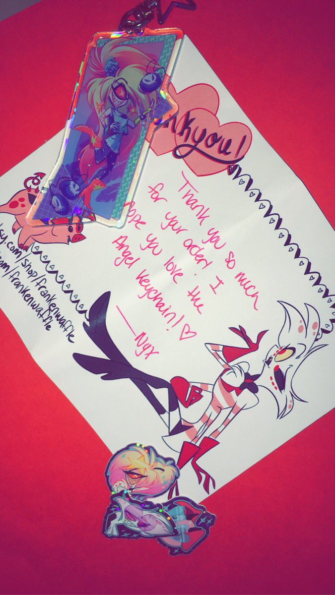 I absolutely love my keychain🥰I did not expect the adorable stickers and card to be sent with the keychain! Thank you very much <a href="/frankenwaffle/">nyx</a> 

#hazbinhotel #angeldust
