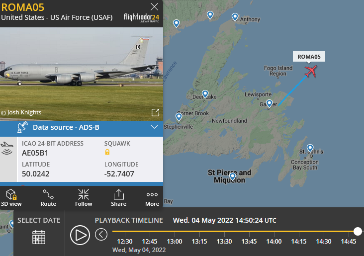 SirListenalot's tweet photo. A few hours ago #KC135's #AE0421 as #ROMA95 and #AE05B1 as #ROMA05 departed Gander with "MD" #A10's #TREND41-45 and #TREND51-55. Inbound Keflavik it seems. https://t.co/z9lajQagve
