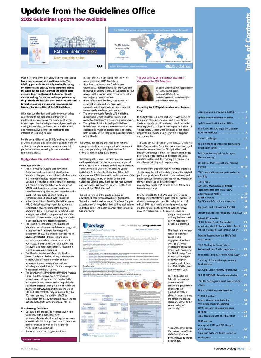 #EAUUrologyCheatSheets, an initiative promoted by @Uroweb EAU-Guidelines Office Dissemination Committee and @CheatUrology on the latest issue of the newsletter European Urology Today!  Thank you for your big support. We keep on working! #UrologyCheatsheets #EAUGuidelines