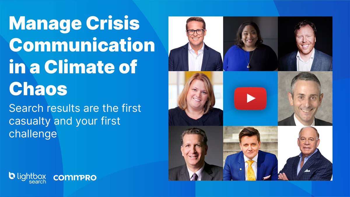 LightboxSearch's tweet photo. Missed it live? Don't worry! Our latest webinar is now available for streaming. Learn to  manage a crisis in search results with experts from IBM, Edelman, MWW, APCO, LEVICK, and Vested. Watch now!
https://t.co/4C6qtQSV4F https://t.co/0Ty7nRT6nL