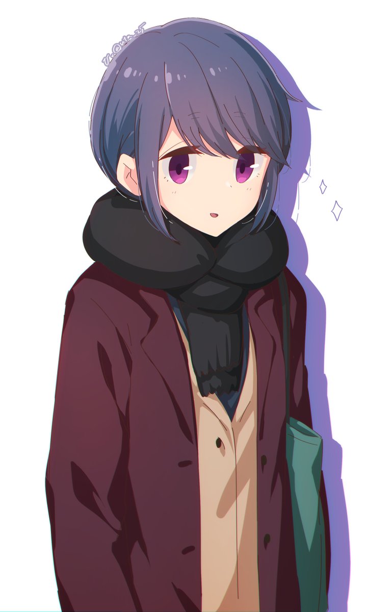 shima rin 1girl solo scarf blue hair white background purple eyes black scarf  illustration images