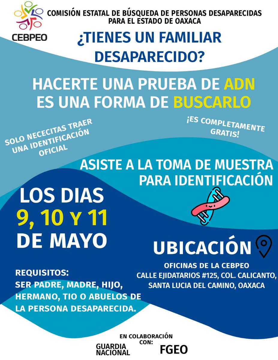 50mas1Oax's tweet photo. ¡Hacerte una prueba de ADN es una forma de buscar a tu familiar desaparecido!
La #CEBPEO te invita a hacerte la toma de muestra para identificación GRATIS los días 9, 10 y 11 de mayo 🗓️ en sus oficinas ubicadas en la calle Ejidatarios #125, Col. Calicanto, Santa Lucía del Camino. https://t.co/XiAp3kGcwq